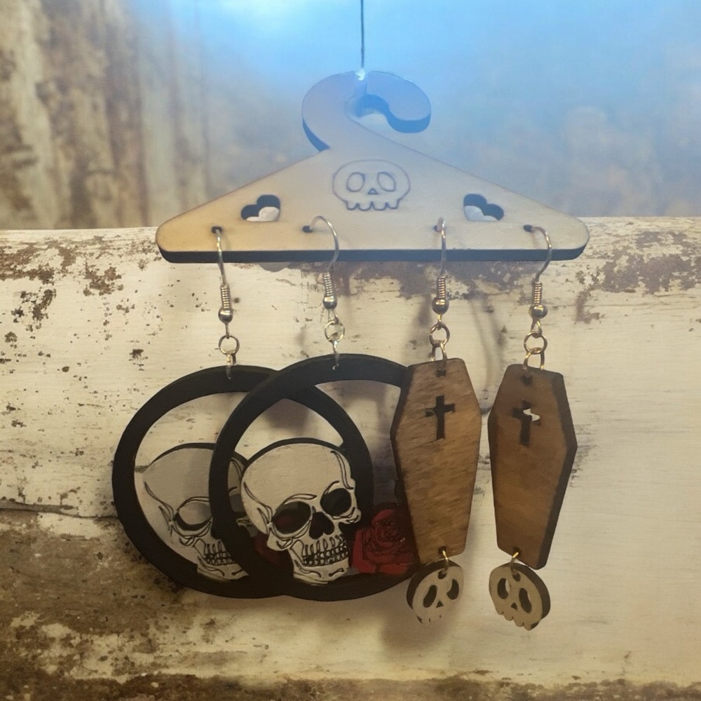 Halloween Earring Set!  2 Pair!  Skull with Rose Hoops & Coffin with Skull!